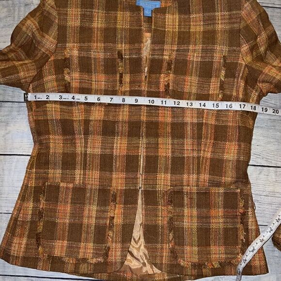 J. McLaughlin Silk Tweed Plaid Blazer Jacket Brown Orange Pockets sz 6 - Picture 5 of 11